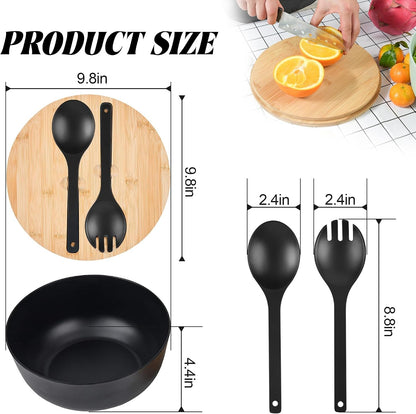 Bamboo Fiber Salad Bowl with Servers Set - Large 9.8 Inches Mixing Bowls Solid Bamboo Salad Wooden Bowl with Bamboo Lid Spoon for Fruits,Salads and Decoration (Black, 9.8INCH)6