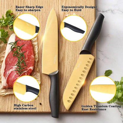 ® Gold Knife Set with Block KYA23, 14 Pieces Stainless Steel Chef Cutlery Knives Set for Kitchen with Acrylic Stand | Gold Color Stainless Steel,Knives Set W Acrylic Stand,Razor Sharp,Non-Stick&Anti-Rust,Ergonomic Handle,Full Tang,Gift Box2