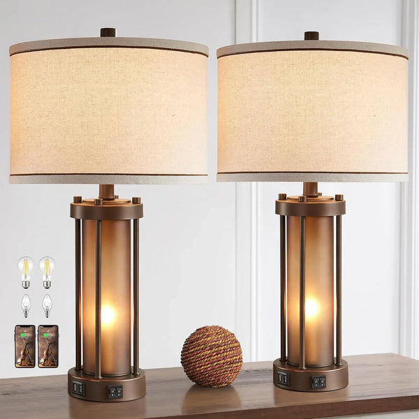 Set of 2 Farmhouse Table Lamps for Living Room with 2 USB Charging Ports | Vintage Rustic Nightstand Lamps with Amber Glass Nightlight, Retro Desk Lamps for Bedroom Entryway, 4 Bulbs Included (Brown)9