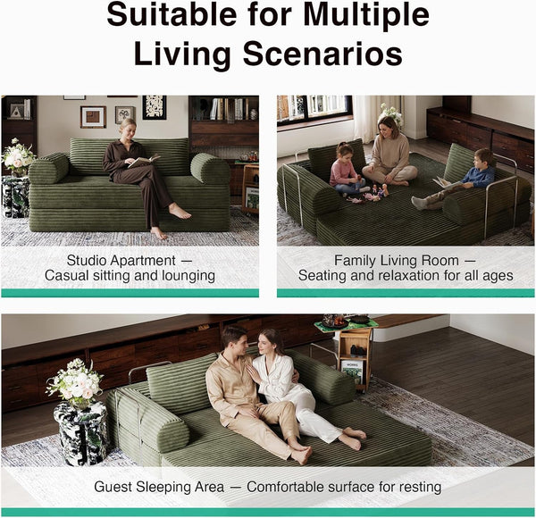 75" Convertible Futon Sofa Bed, Boneless Couch with Smarts Coil® Support & High-Density Foam, No Assembly Corduroy Folding Loveseat Floor Sleeper for Living Room, Apartment, Bedroom, Green3