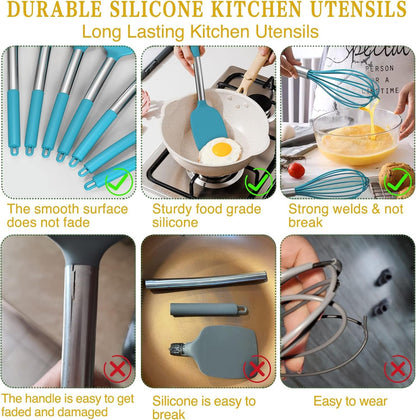 15 Pcs Silicone Cooking Utensils Kitchen Utensil Set -  446°F Heat Resistant Stainless Steel Handles Kitchen Gadgets Tools Set for Nonstick Cookware(Blue)3
