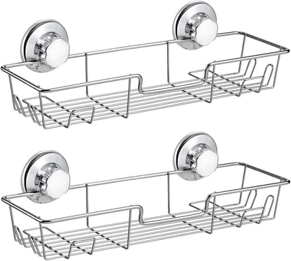 Strong Suction Cup Shower Caddy Bath Shelf Storage with 4 Side Hooks, Combo Organizer Basket for Shampoo, Conditioner, Soap, Razor Bathroom Accessories, Chrome, 2 Count1