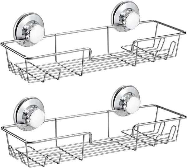Strong Suction Cup Shower Caddy Bath Shelf Storage with 4 Side Hooks, Combo Organizer Basket for Shampoo, Conditioner, Soap, Razor Bathroom Accessories, Chrome, 2 Count1