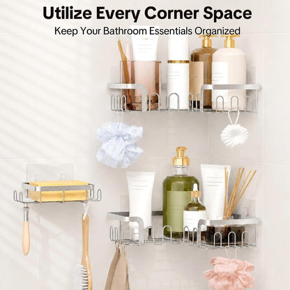 Corner Shower Caddy 3 Pack, Wall Mounted Adhesive Shower Caddy with Soap Holder and 24 Hooks, No Drill Rustproof Stainless Steel Shower Shelf for inside Shower, Silver3