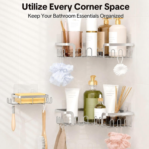 Corner Shower Caddy 3 Pack, Wall Mounted Adhesive Shower Caddy with Soap Holder and 24 Hooks, No Drill Rustproof Stainless Steel Shower Shelf for inside Shower, Silver3