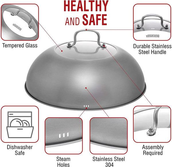 Flat Bottom Wok Pan - 13.5" Blue Carbon Steel Wok + Wok Lid 12.8 Inch + 17" Spatula and Ladle Skimmer Spoon4