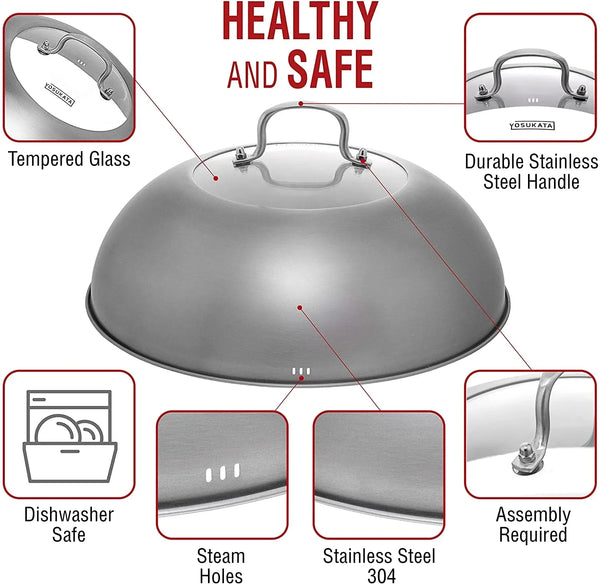 Black Carbon Steel Wok Pan 14“ (Round Bottom) + Wok Lid 13.6 Inch - Premium Stainless Wok Cover with Tempered Glass Insert Steam Holes and Ergonomic Handle5
