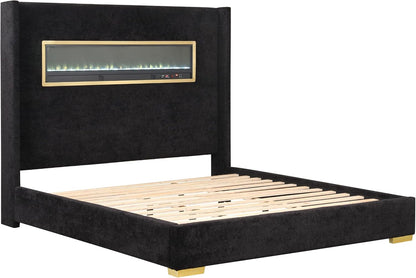 Calliope Modern Boucle Bed Frame with 3D Fireplace Headboard, Bluetooth Speaker and USB Slot, Upholstered Bedframe, No Box Spring Required for Home, Bedroom, Queen, Black10