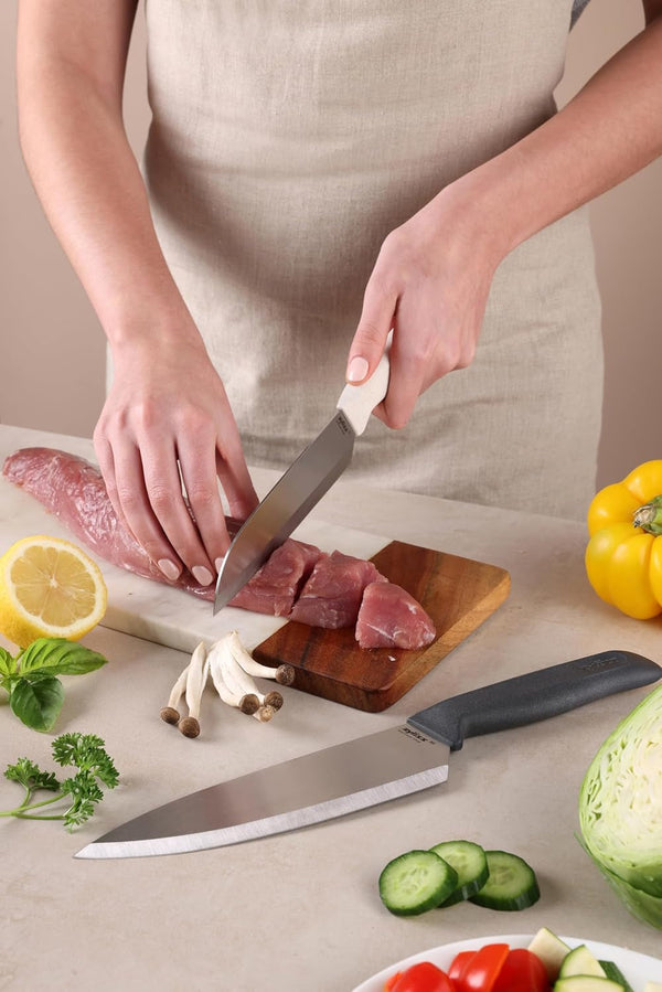 Classic 2 Piece Chef & Santoku Knife Set, Stainless Steel 15° Hollow-Ground Blades, Ergonomic Wheat Straw Handles, Finger Guard & Blade Covers, Dishwasher Safe5