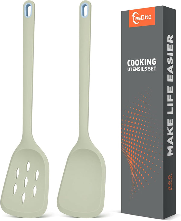 Silicone Spatula Set of 2 Pack, Heat Resistant Solid&Slotted Turner (GREEN)1