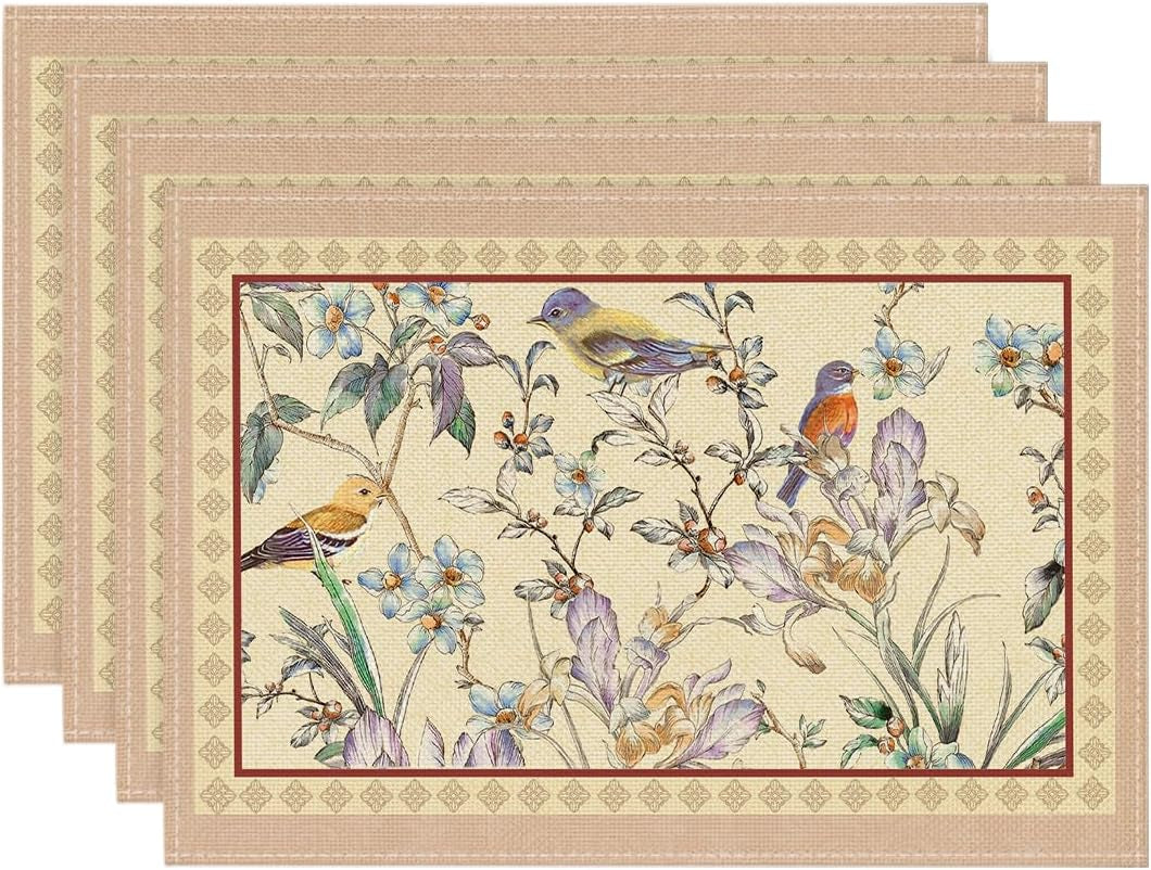 birds-flowers-blossom-placemats-set-of-4-12x18-inch-seasonal-spring-summer-table-mats-party-kitchen-dining-decoration