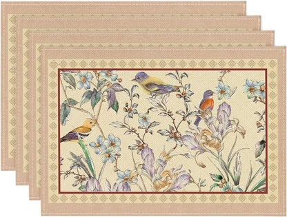 Birds Flowers Blossom Placemats Set of 4, 12X18 Inch Seasonal Spring Summer Table Mats Party Kitchen Dining Decoration1