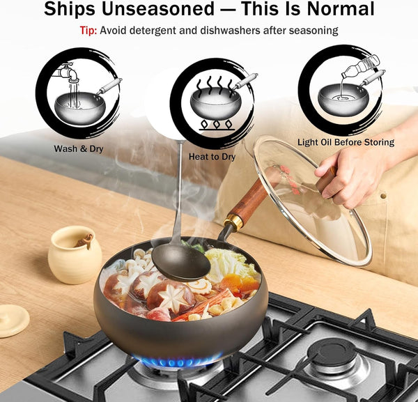 Carbon Steel Wok Pan Flat Bottom Iron Stir Fry Pan Induction Cookware 9.5 Inch Uncoated Small Traditional Skillet with Lid6