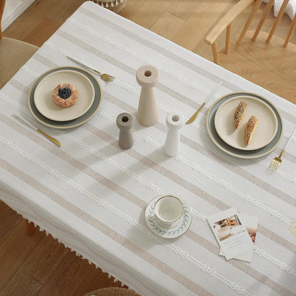 Rustic Stripe Embroidered Tablecloth Heavy Square Tassel Cotton Linen Table Cloth Wrinkle Free Washable Table Cover for Kitchen Dinning Party Holiday White 55X55 Inch4