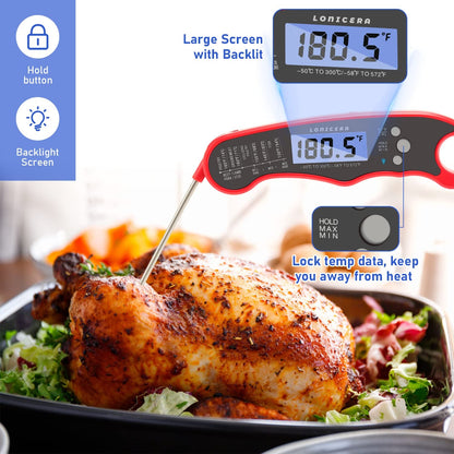 Digital Meat Thermometer, Instant Read, Foldable Probe, Red | IP66 Waterproof Design, Backlit Display, Calibration Function, for Meat, Baking and Grilling3