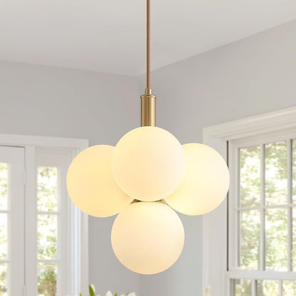 Glass Globe Chandeliers, 4-Light Gold Dining Room Light Fixture, 11In Milk Glass Pendant Lights Kitchen Island Modern Chandeliers for Dining Room Kitchen Living Room Bedroom Hallway Entryway Foyer1