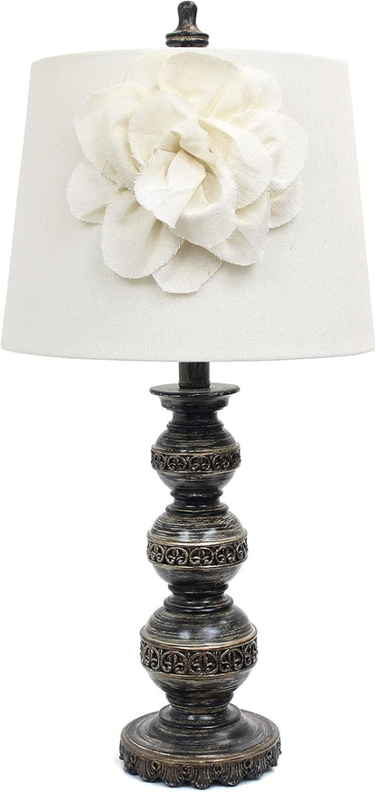 LT3097-WHT Stacked Ball Lamp with Couture Linen Flower Shade, Aged Bronze1