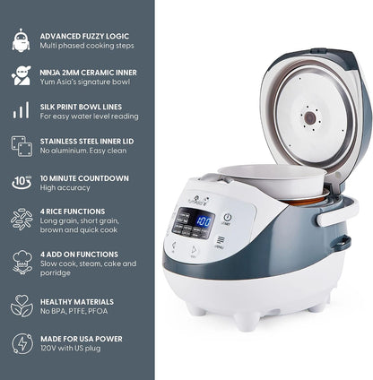 Panda Mini Rice Cooker with Ninja Ceramic Bowl and Advanced Fuzzy Logic (3.5 Cup, 0.63 Litre) 4 Rice Cooking Functions, 4 Multicooker Functions, Digital LED Display - 120V5