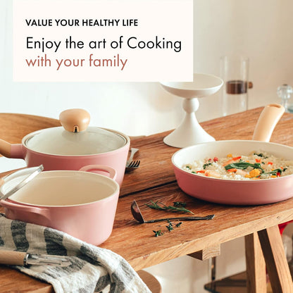 Retro 5-Piece Ceramic Nonstick Cookware Set, PFOA Free Pots and Pans with Integrated Steam Vent Lid Knob Prevents Boil over and Heat Resistant Silicone Grips for Safer Cooking at Kitchen, Pink3