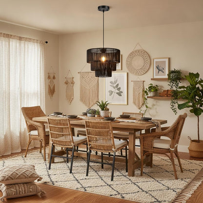 Boho Rattan Chandelier Light,3-Tier Hand Woven Pendant Ceiling Light,13” Farmhouse Coastal Wicker Chandelier Hanging Light for Living Room,Kitchen Island,Bedroom,Adjustable Cord,Black5