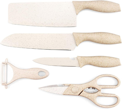 Cutlery Baby Food Scissors Stainless Steel Chef Kitchen Knife Set Five Pieces Nakiri,Steak,Santoku,Serrated, Paring Knife Set with Kitchen Shears Peeler for Vegetable Fruit Potato Ceramics (Beige)1