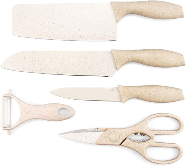 Cutlery Baby Food Scissors Stainless Steel Chef Kitchen Knife Set Five Pieces Nakiri,Steak,Santoku,Serrated, Paring Knife Set with Kitchen Shears Peeler for Vegetable Fruit Potato Ceramics (Beige)1