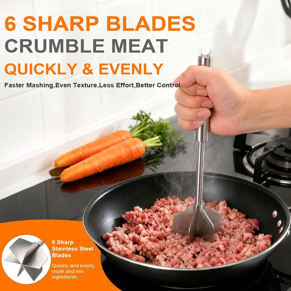 Meat Masher, 11 Inch Stainless Steel Ground Beef Masher with 6-Blade Head, Heavy Duty Meat Chopper for Ground Beef, Hamburger Smasher Tool for Potatoes, Chicken and Meal Prep3