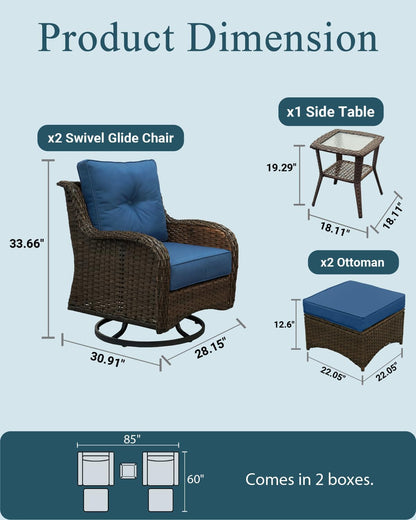 Luxury Patio Conversation Set, 5-Piece Ergonomic High Back Wicker Swivel Chair Set with 6-Inch Deep Seating Cushions, Large Patio Furniture Set for Garden, Deck & Balcony, Navy Blue6