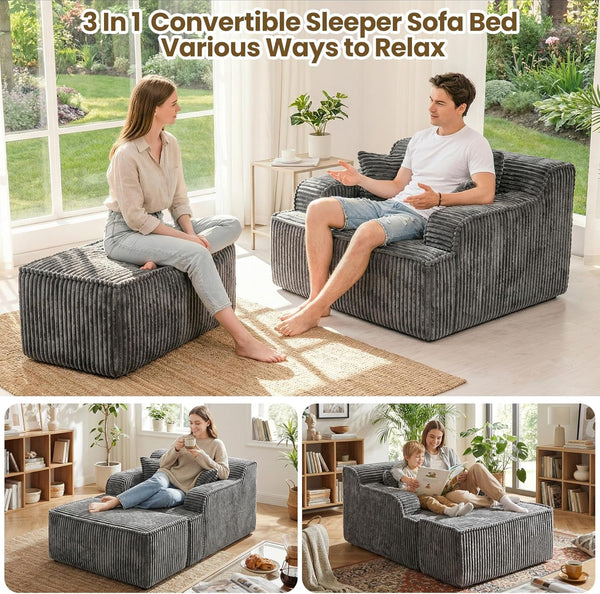 Chaise Lounge Chair Indoor,Boneless Chair with Ottoman,Comfy Reading Chair for Adults,Small Sofa Bed Couch for Living Room,Single Sleeper Chair Bed,Grey3