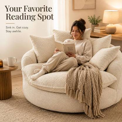 Oversized round Lounge Chair Indoor, 56" Deep Seat Circle Sofa with Double Armrests & Pillows, Fluffy Cloud Chenille Couch, No Assembly Reading Chair for Living Room, Bedroom, Apartment,Beige5