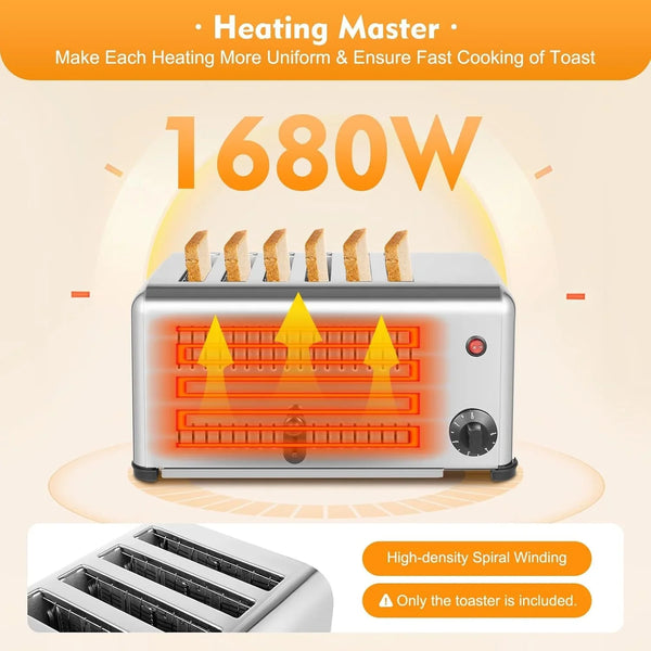6-Slice Toaster Bread Baking Machine, 1-5 Minute Timing Stainless Steel 1680W Commercial Electric Countertop Toaster with Extra Wide Slots & Crumb Tray for Toasting Bagels, Breads, Waffles & More2