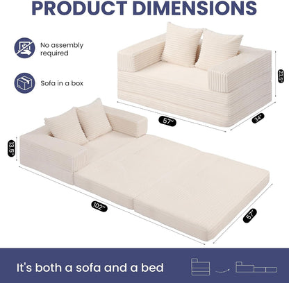 Convertible Sofa Bed, 4-In-1 Boneless Loveseat with Removable Armrests Backrest, Corduroy Futon Couch Bed with Pillow, Foldable Mattress Sleeper Sofa for Living Room Bedroom Small Place (Beige)3
