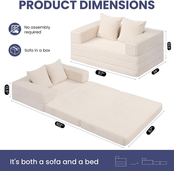 Convertible Sofa Bed, 4-In-1 Boneless Loveseat with Removable Armrests Backrest, Corduroy Futon Couch Bed with Pillow, Foldable Mattress Sleeper Sofa for Living Room Bedroom Small Place (Beige)3