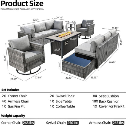 11 Piece Outdoor Patio Furniture Set with 53" Fire Pit Table, Wicker Sectional Conversation Set Whit Swivel Chairs,Modern outside Sofa for Balcony Backyard(Dark Gray)7