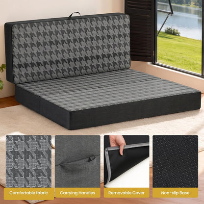 Tri Folding Mattress Queen Size - 6 Inch Dual-Layer Memory Foam Foldable Mattress Portable Floor Bed Sofa with Removable Washable Cover, Handle & Non-Slip Bottom for Travel,Rv,Camping,Guest,Yoga,Black6