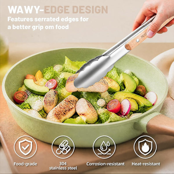 9+12 Inch Stainless Steel Kitchen Tongs for Cooking with Wood Handle, Set of 26