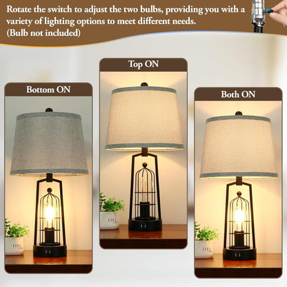 Farmhouse Table Lamps with 2 USB Ports, Set of 2 Rustic Industrial Desk Lamp for Living Room, 2-Light Black Bedside Lamp, Bedroom Nightstand Lamp with Gray Lampshade for House Decor, Reading4