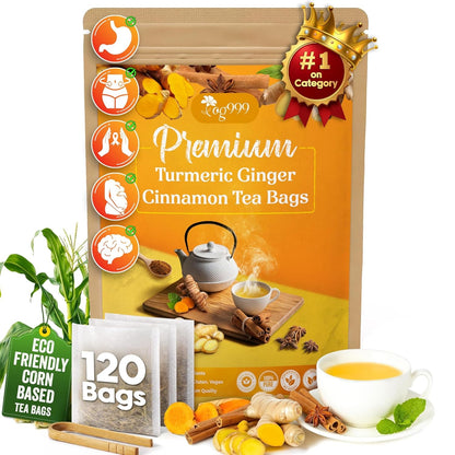 120 Bags Premium Turmeric Ginger Cinnamon Tea, Improve Digestion, Support Brain, Weight, Skin and Sleep, Eco-Conscious Tea Bags and Premium Natural Ingredients. Turmeric Ginger Herbal Tea. No Sugar, No Caffeine, No Gluten, Vegan.1