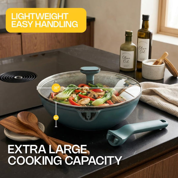 Nonstick Wok Pan with Glass Lid, 11.8In Die Cast Stir Fry Pan | Deep Ceramic-Coated Wok with Glass Lid, Soft-Touch Handle, and Induction-Ready Base for Stir Fry and Everyday Cooking.3