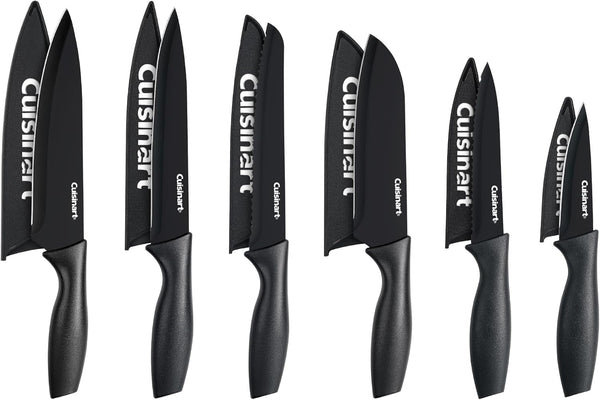 Knife Set, 12Pc Ceramic Coated Knife Set with 6 Blades & 6 Blade Guards, Lightweight, Stainless Steel, Durable & Dishwasher Safe (Black)1