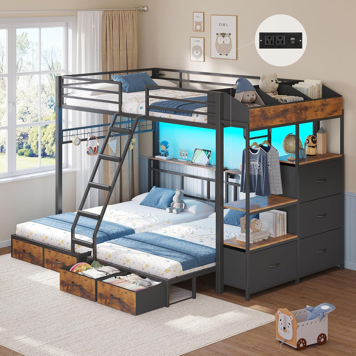 triple-bunk-bed-with-8-storage-drawers-charging-station-and-led-lights-full-over-twin-bunk-beds-with-storage-headboard-shelves-boxes-metal-bunk-beds-for-3-with-safe-guardrail-and-stair-black
