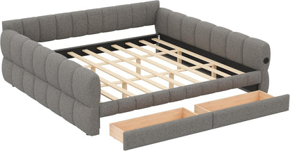 King Daybed with USB, King Corner Bed, Upholstered Bed Frame with 2 Drawers for Kids,Teens,Adults, Lambswool, Gray6