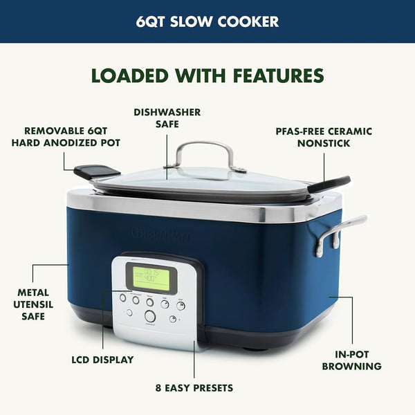 Elite 8-In-1 Programmable 6QT Electric Slow Cooker,Dishwasher Safe Lid & Removable Crock, Pfas-Free Healthy Ceramic Nonstick Multi-Cooker,Sear, Sauté,Brown,Steam Basket,Roast, Oxford Blue4