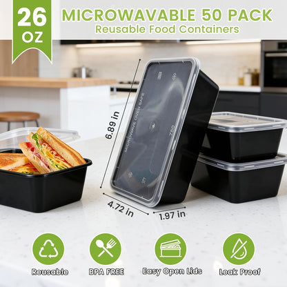 50-Pack Meal Prep Containers, Single Compartment with Lids, 26 OZ.2