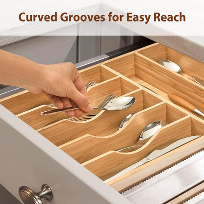 Bamboo Kitchen Drawer Organizer, 13 Inch Silverware Utensil Tray Holder, Extra Deep Grooved Drawer Divider, 7 Slots Total Bamboo Wood Caddy for Flatware Cutlery Knives, Forks, Spoons6