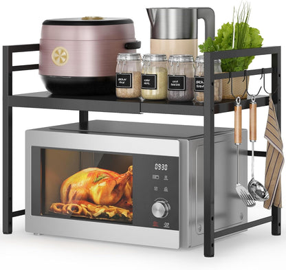 Microwave Oven Rack, Expandable Microwave Stand Countertop Kitchen Utensils Tableware Storage, Carbon Steel over Microwave Shelf Countertop with 3 Hooks1