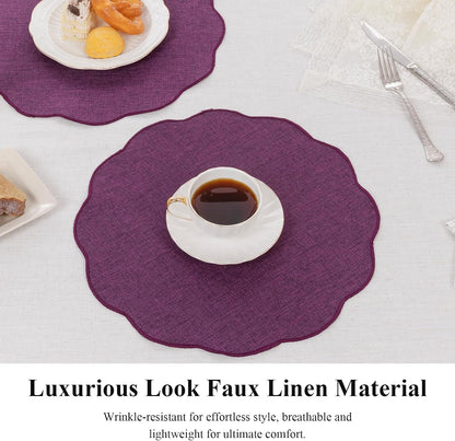 Scalloped round Placemats Set of 6 Polyester Linen Blend 15 Inch Washable Non Slip Place Mats Easy Clean Heat Resistant Table Mats for Kitchen Dining Table Decor, Purple4