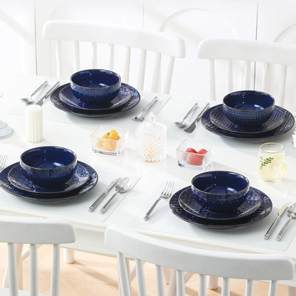 12 Pieces Dinnerware Sets, Modern Plates and Bowls Sets, Blue Dish Set for 4, Kitchen Ceramic Dinner Plates Dishware Set, Microwave and Dishwasher Safe, Series LYDIA7