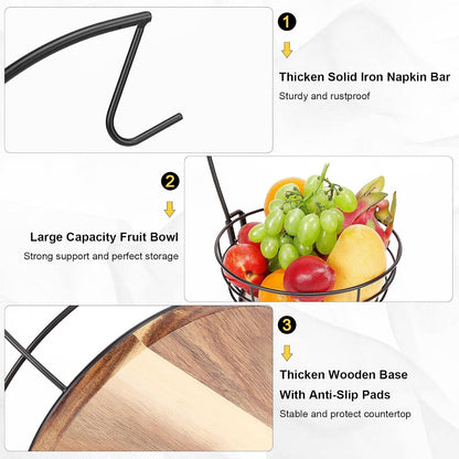 Countertop Fruit Basket Bowl with Banana Hanger, Modern Standing Fruit Vegetable Bowl Storage, with Banana Tree Holder for Kitchen Dinning Table (Round Wood, Black)4