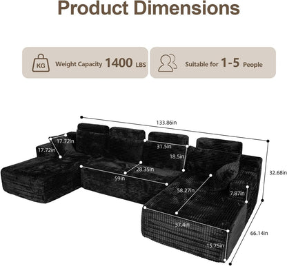 Boneless Couches for Living Room 134" U-Shape Oversized with Chaise, Modern Modular Sectional Comfy Floor U-Shape Cloud Couch, Deep Seat, No Assembly Required (Black)2